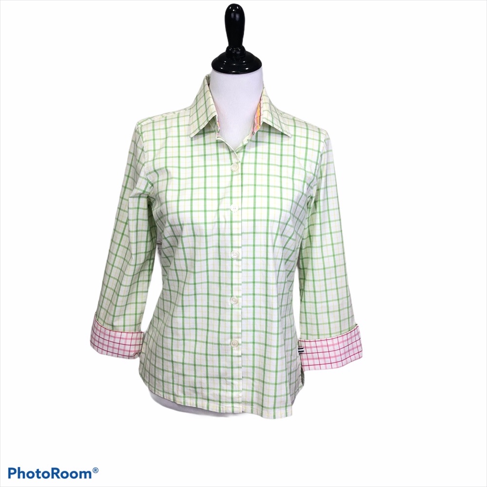 Izod Stretch green and pink checkered 3/4 sleeve full button collared shirt